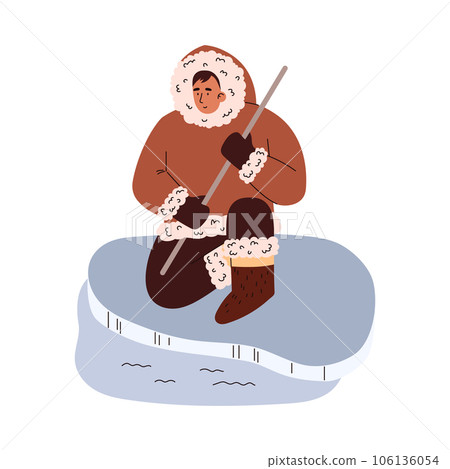 Eskimo sits on the ice and catches fish with fishing rod, north man gets food in arctic wild vector cartoon illustration Eskimo sits on the ice and catches fish with fishing rod, north man gets food in arctic wild vector cartoon illustration 106136054