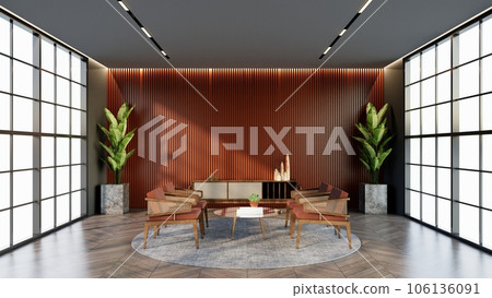 -apricot color hotel lounge with windows and chairs matching the color for waiting room, 3D render. 106136091