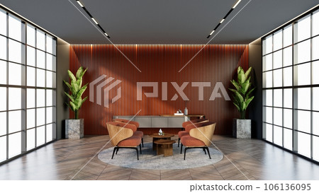 -apricot color hotel lounge with windows and chairs matching the color for waiting room, 3D render. 106136095