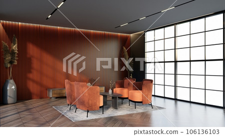 -apricot color hotel lounge with windows and chairs matching the color for waiting room, 3D render. -apricot color hotel lounge with windows and chairs matching the color for waiting room, 3D render. 106136103