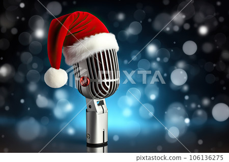 Festive Melodies Composite Image of Microphone with Santa Hat, Amplifying Holiday Cheer. created with Generative AI 106136275