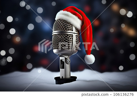 Festive Melodies Composite Image of Microphone with Santa Hat, Amplifying Holiday Cheer. created with Generative AI 106136276