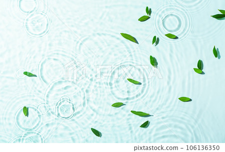 Water drops on water surface with green leaves. Water texture background. 106136350