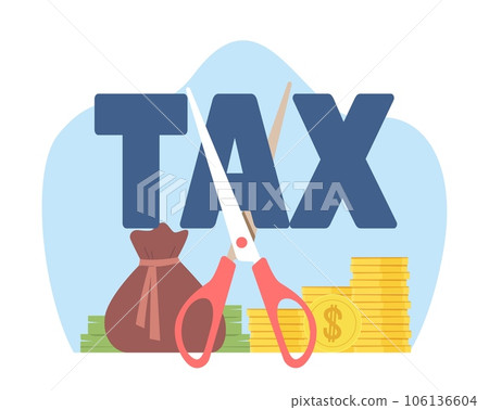 Concept of lowering taxes, reducing payments. Business finance, lower tax bill. Reduction strategy, government policy in economic crisis. Web design. Cartoon flat isolated vector illustration 106136604