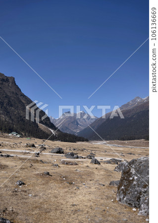 Yumthang Valley, a picturesque valley in Sikkim, known for its hot springs, colorful flowers, and scenic landscape, especially during January when it is covered in snow. Yumthang Valley, a picturesque valley in Sikkim, known for its hot springs, colorful flowers, and scenic landscape, especially during January when it is covered in snow. 106136669