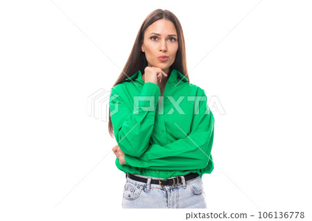 young european brunette woman with brown eyes in green blouse isolated on white background with copy 106136778