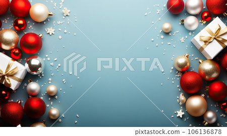 Merry Christmas and Happy Holidays Festive Greeting Card with Ornaments, Gifts, and Winter Theme. created with Generative AI 106136878
