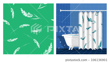 Bathroom interior with bathtub and curtain decorated cereal grass with panicle fluffy crown of meadow grass seamless pattern. Vector illustration, ornament for design of posters, printing on fabric Bathroom interior with bathtub and curtain decorated cereal grass with panicle fluffy crown of meadow grass seamless pattern. Vector illustration, ornament for design of posters, printing on fabric 106136901