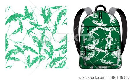 Children school backpack decorated cereal grass with panicle fluffy crown of meadow grass seamless pattern. Field grass floral ornate. Vector ornament for design of posters and printing on textile Children school backpack decorated cereal grass with panicle fluffy crown of meadow grass seamless pattern. Field grass floral ornate. Vector ornament for design of posters and printing on textile 106136902