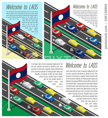 Isometric flag of Laos on flagpole fluttering wind. Crossing of Lao country border by car travels. Set of information horizontal, square and vertical vector banner, templates for printing Isometric flag of Laos on flagpole fluttering wind. Crossing of Lao country border by car travels. Set of information horizontal, square and vertical vector banner, templates for printing 106136904