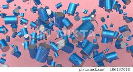 Many of flying metal cans or buckets on pink background. Many of flying metal cans or buckets on pink background. 106137018