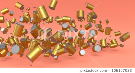 Many of flying metal cans or buckets on pink background. Many of flying metal cans or buckets on pink background. 106137028