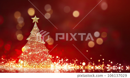 Radiant Festive Delight Golden and Silver Lights with Christmas Tree on Red Background, Perfect for Merry Xmas Greetings and Elegant Holiday Season Messages. created with Generative AI 106137029