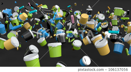 Many of flying plastic cans or buckets with paint roller, brush on black 106137056