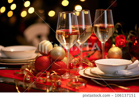 Elegant Christmas Eve Celebration Sparkling Champagne Flute on Festive Party Table. created with Generative AI Elegant Christmas Eve Celebration Sparkling Champagne Flute on Festive Party Table. created with Generative AI 106137151