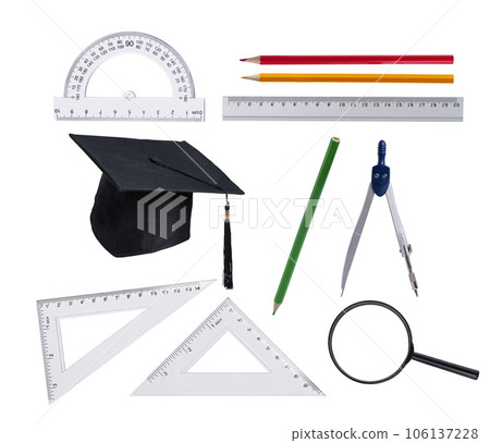 Set of school office supplies isolated on white background. Variety of stationery for design of education or business concept. Set of school office supplies isolated on white background. Variety of stationery for design of education or business concept. 106137228