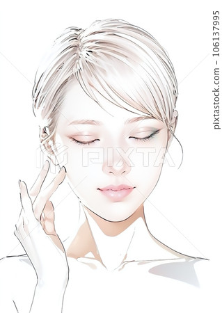 [美容素材] 雙手摀臉閉眼微笑的女人插畫 106137995