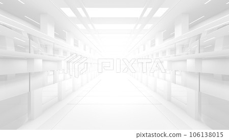 Corridor in space station or in laboratory and bright light from the destination.  Science elements and innovation background. 106138015