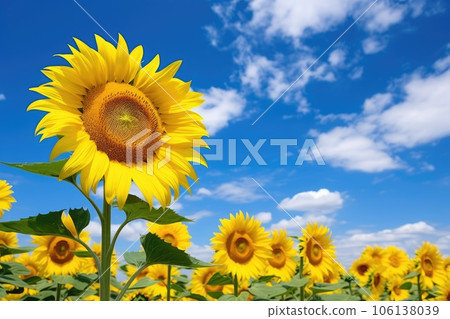 Sunflowers field and blue sky with white clouds. Beautiful agriculture field with yellow flowers. Rural landscape in south of Ukraine. Sunflowers field and blue sky with white clouds. Beautiful agriculture field with yellow flowers. Rural landscape in south of Ukraine. 106138039