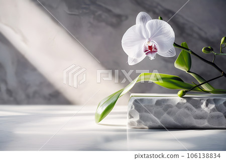 Marble empty table opposite marble wall with orchid flower and window light. Scene stage showcase for beauty and spa products, cosmetics, promotion sale or advertising. Front view Marble empty table opposite marble wall with orchid flower and window light. Scene stage showcase for beauty and spa products, cosmetics, promotion sale or advertising. Front view 106138834