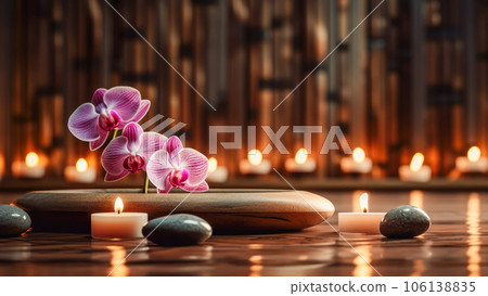 Beautiful asian spa composition with candles, orchids and massage hot stones on wellness center sustainable interior background. Beauty spa treatment and relax concept. Copy space Beautiful asian spa composition with candles, orchids and massage hot stones on wellness center sustainable interior background. Beauty spa treatment and relax concept. Copy space 106138835