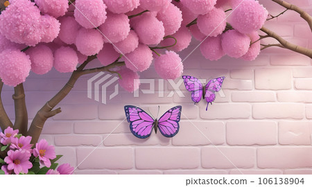 3D Pink and Purple Branches, Flowers, and Butterfly Wallpaper with Brick Texture. Generative AI. 3D Pink and Purple Branches, Flowers, and Butterfly Wallpaper with Brick Texture. Generative AI. 106138904
