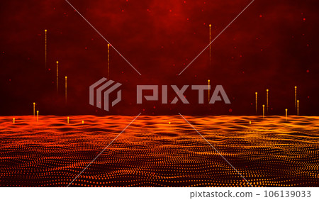 3D abstract digital technology realistic water wave river orange light particles on red background. 3D abstract digital technology realistic water wave river orange light particles on red background. 106139033