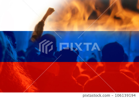 Civil war in Russia concept. PMK Wagner against the Russian army. Prigozhin against Putin. Flag. Protesters in fire 106139194