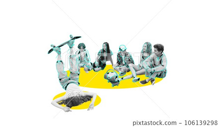 Teens, friends spending good time together, having fun and joy. Communication and leisure. Contemporary art collage. Teens, friends spending good time together, having fun and joy. Communication and leisure. Contemporary art collage. 106139298