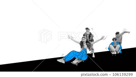 Teens, friends spending good time together, skateboarding. Communication and leisure. Contemporary art collage. Teens, friends spending good time together, skateboarding. Communication and leisure. Contemporary art collage. 106139299