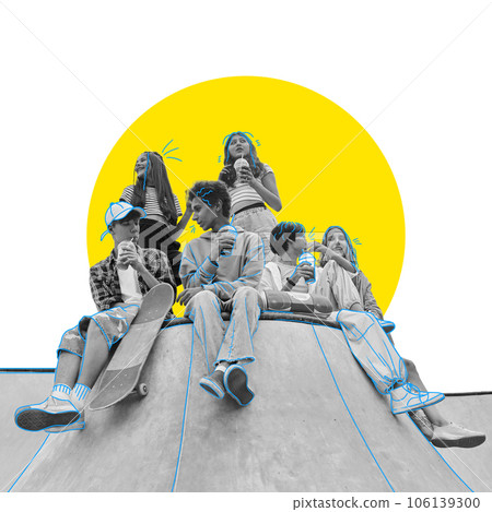 Teens, friends spending good time together, having fun and joy. Communication and leisure. Contemporary art collage. 106139300