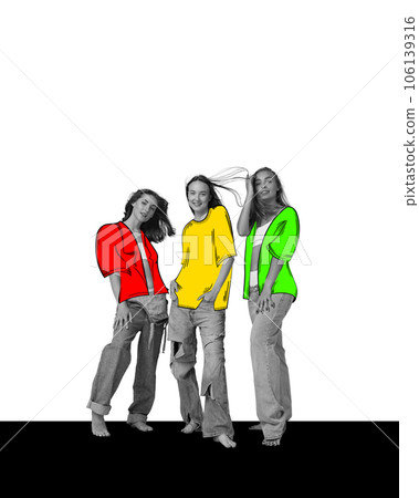 Beautiful young women with drawn clothes elements against white background. Friendship and support. Contemporary art collage. Beautiful young women with drawn clothes elements against white background. Friendship and support. Contemporary art collage. 106139316