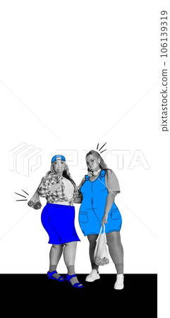Overweight woman, friends with drawn elements of clothes over white background. Contemporary art collage. Overweight woman, friends with drawn elements of clothes over white background. Contemporary art collage. 106139319