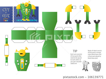 Cut and glue robot toy vector illustration. Paper craft and diy riddle Cut and glue robot toy vector illustration. Paper craft and diy riddle 106139771