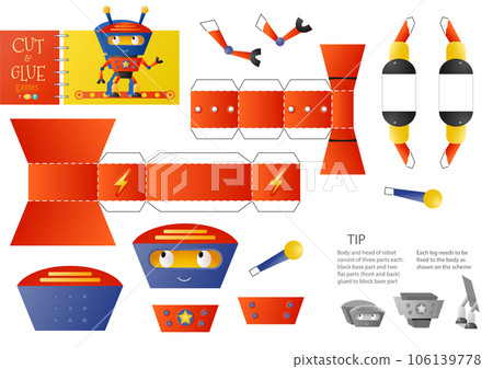 Cut and glue robot toy vector illustration, worksheet. Paper craft and diy riddle 106139778