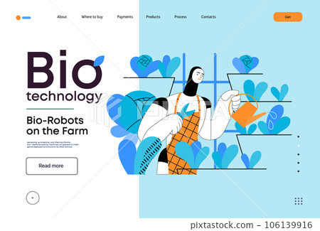 Bio Technology, Robot on farm -modern flat vector concept illustration of bio-robot engaged in agricultural activities. Metaphor of robotics and biotechnology integration, efficiency, sustainability 106139916