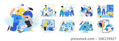 Memphis business illustration, company - modern outlined flat vector concept illustrations set, corporate Corporate Memphis style business metaphor 106139927