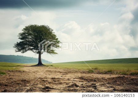 Single tree left on the chopped out forest against sky with clouds. Impact of deforestation. illustration with copy space. Single tree left on the chopped out forest against sky with clouds. Impact of deforestation. illustration with copy space. 106140153