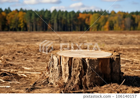 Tree stump in autumn forest. Deforestation and forest degradation. 106140157