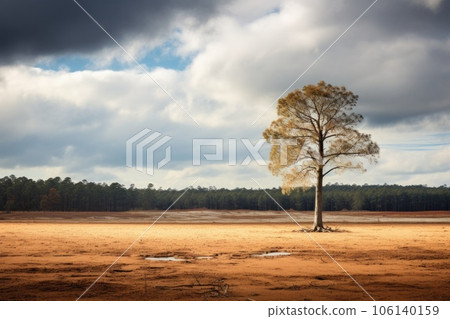 Single tree on drought desert ground against dramatic sky. Impact of deforestation. illustration with copy space. 106140159