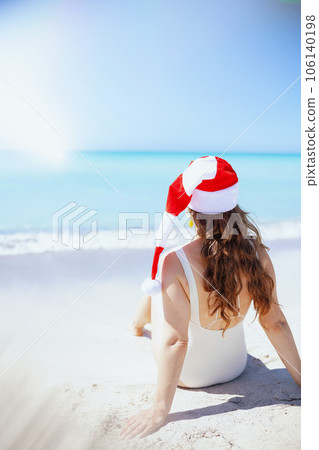 Seen from behind woman in swimwear sitting at beach 106140198