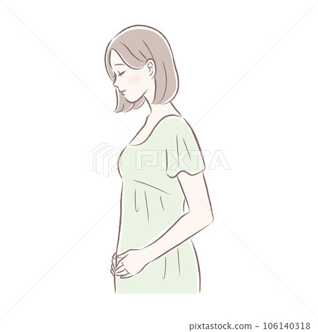 Illustration of a woman in the very early stages of pregnancy, putting her hand on her stomach around the uterus Illustration of a woman in the very early stages of pregnancy, putting her hand on her stomach around the uterus 106140318