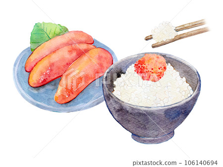 Watercolor illustration, hand-drawn illustration, rice topped with mentaiko 106140694