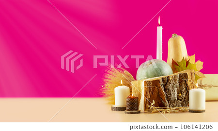 Thanksgiving holiday banner with pumpkins, dry autumn leaves, bouquet of rye and wheat ears, gifts and candles on a wooden podium on a hot pink background with copy space. Happy Thanksgiving Day Card Thanksgiving holiday banner with pumpkins, dry autumn leaves, bouquet of rye and wheat ears, gifts and candles on a wooden podium on a hot pink background with copy space. Happy Thanksgiving Day Card 106141206