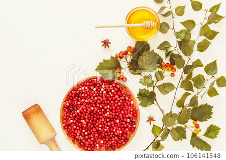Immune boosting food. Autumn composition with wild cranberries, honey and hawthorn branches on a white background with place for text. Harvesting for the winter, fermenting organic berries with honey 106141548