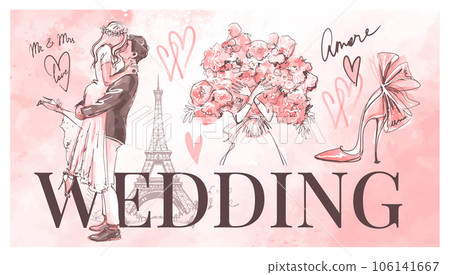 Wedding poster with a couple in a love kiss, a bride with a bouquet, accessories and decor with text. Modern sketchy pink watercolor graphic design, vintage style. Vector hand drawn illustration. 106141667