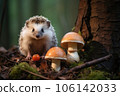 Cute adult hedgehog in summer or autumn forest. Young beautiful hedgehog in natural habitat, outdoors in nature. 106142033