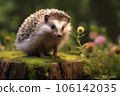 Cute adult hedgehog in summer or autumn forest. Young beautiful hedgehog in natural habitat, outdoors in nature. 106142035