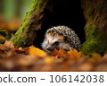 Cute adult hedgehog in summer or autumn forest. Young beautiful hedgehog in natural habitat, outdoors in nature. 106142038