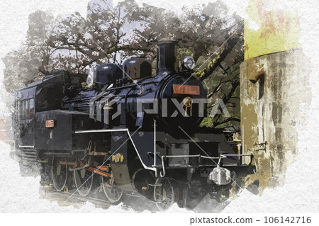 鳥取縣八津郡若狹町水彩風格的若狹站C12和水塔 106142716